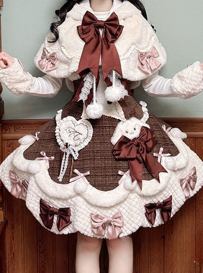 White Bunny Ears Hooded Lolita Cape with Brown Bows Pom-poms - Twin Bear Original Design