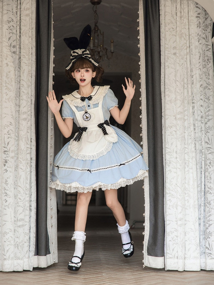 Blue and White Alice OP Dress with Apron - Sheep Puff Atelier