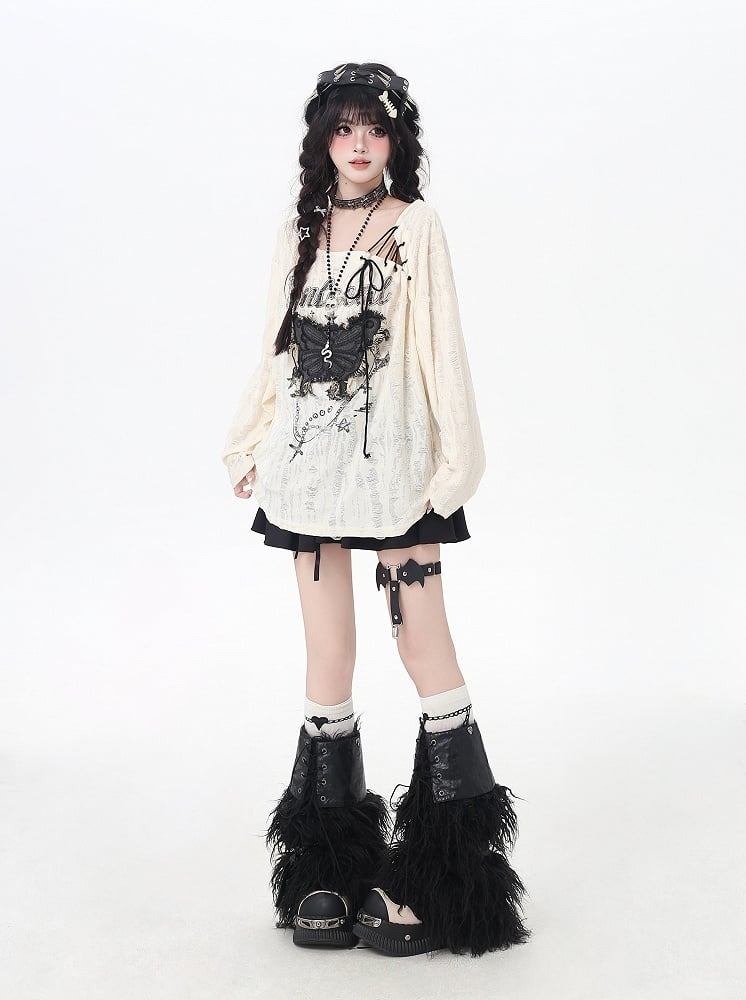 ホールトップ、ヴィンテージバタフライアップリケ、レースアップネックライン、アプリコット、ダメージ加工