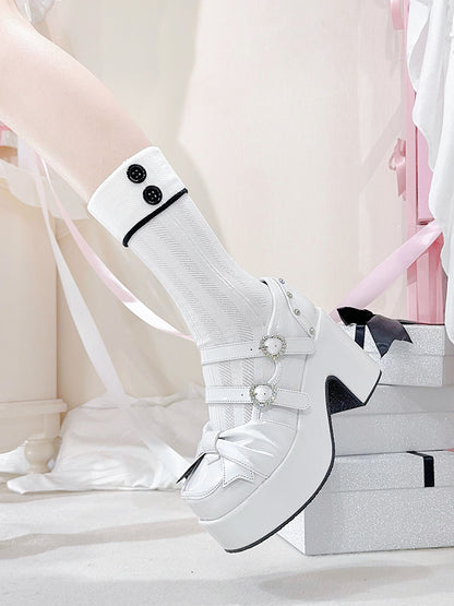 Polished White Bow at Top Rhinestone Buckles Platform Mary Jane Shoes
