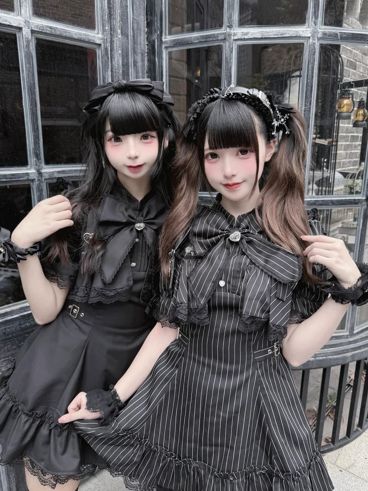 Matching Short-Sleeve Tie Shorts Black Kei Jirai Bow + Ruffled Set Dress Lace Striped
