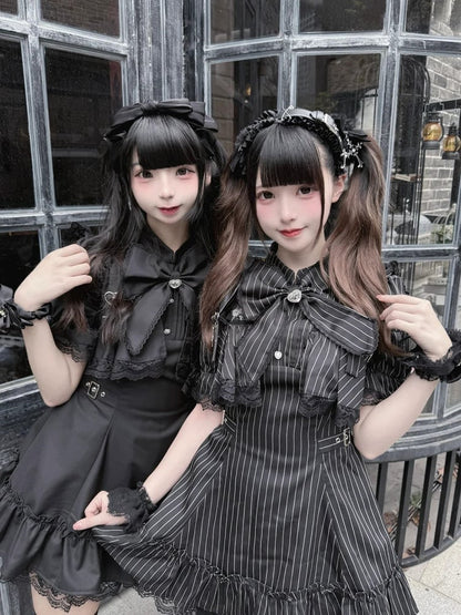 Matching Short-Sleeve Tie Shorts Black Kei Jirai Bow + Ruffled Set Dress Lace Striped