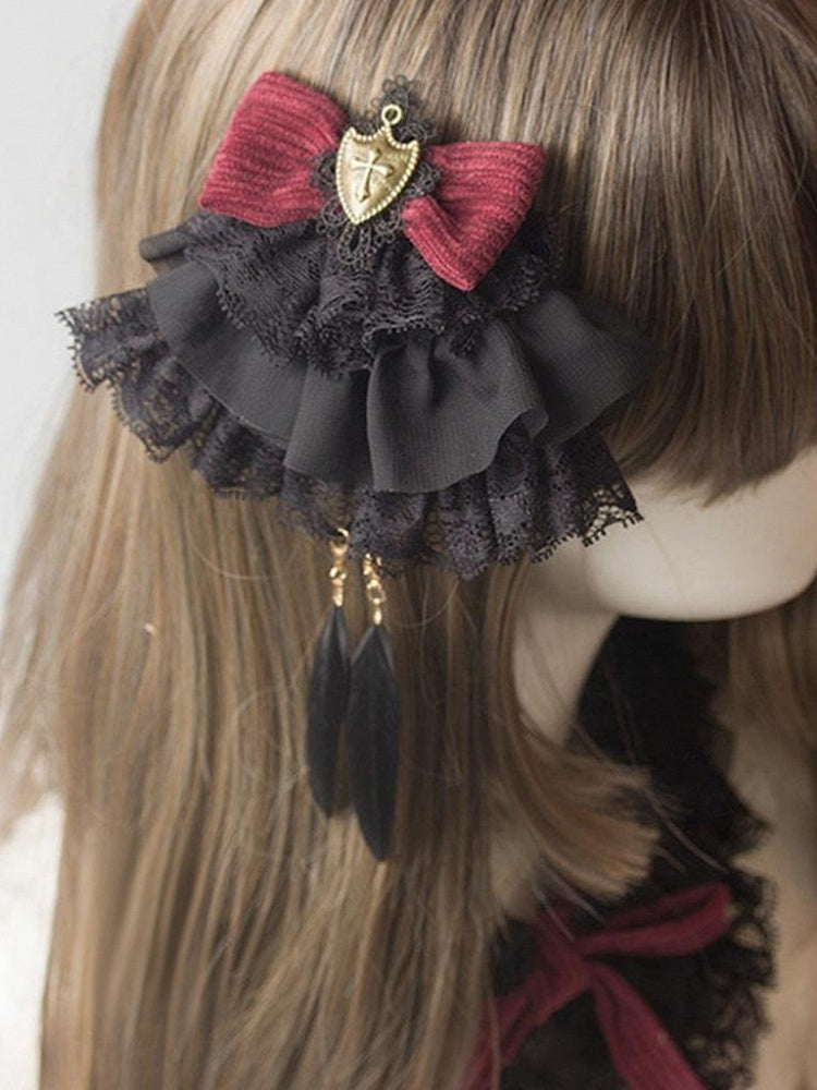 Black Hairclip Lace Feather Red Lolita Shield Gothic