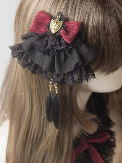 Black Hairclip Lace Feather Red Lolita Shield Gothic