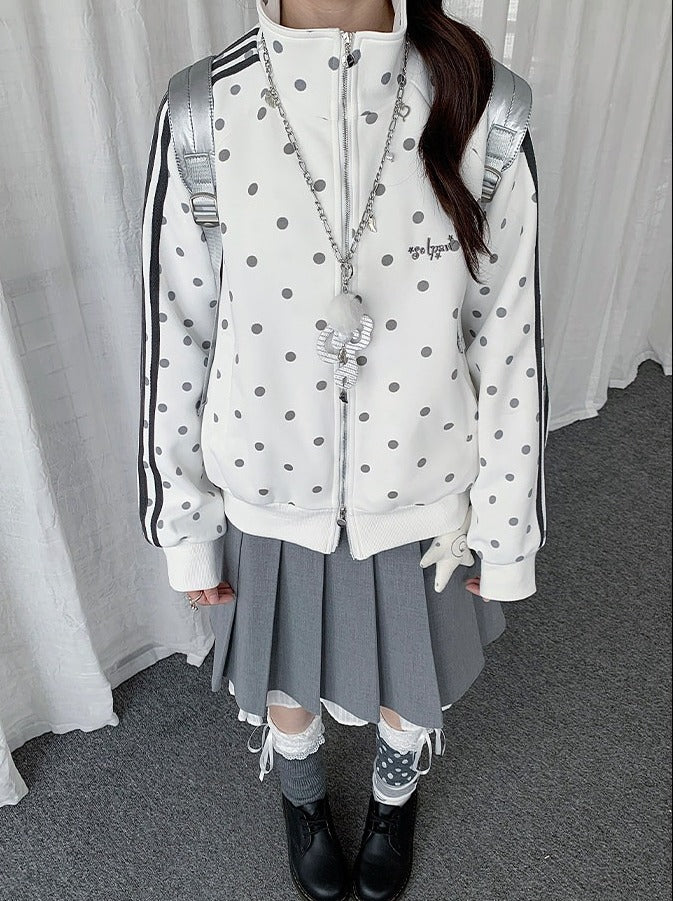 White Y2K Polka-Dot Zip-Up Jacket with Stand Collar & Striped Accents - Solkatt