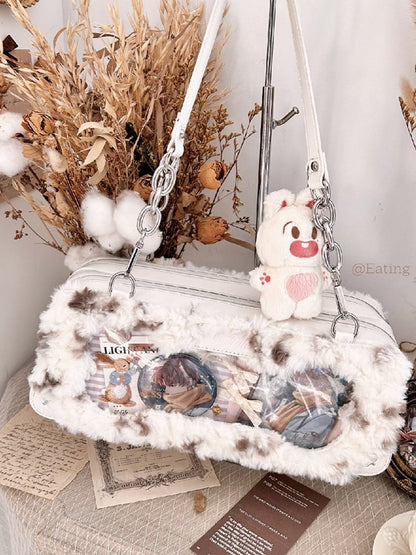 White Plush Ita Bag with Cute Puppy Charm - Daylight