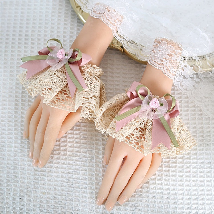 And Green Bowknot Pair Lolita Wrist A Sweet Pink Lace Decorations With of Cuffs