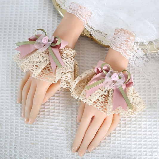 And Green Bowknot Pair Lolita Wrist A Sweet Pink Lace Decorations With of Cuffs
