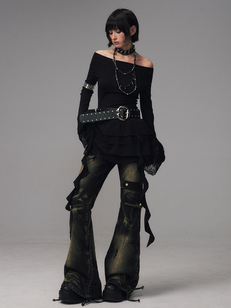 Pocket Vintage Jeans Black with Washed Patch Flare