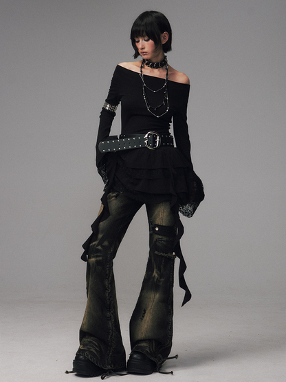 Pocket Vintage Jeans Black with Washed Patch Flare