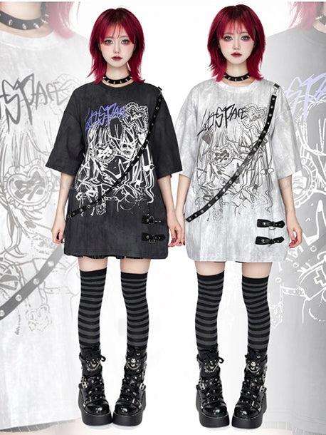 Anime Tie Strap Detachable Dye Decor Black/White T-Shirt with Print Girl Leather