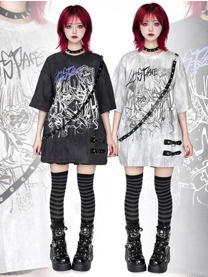 Anime Tie Strap Detachable Dye Decor Black/White T-Shirt with Print Girl Leather