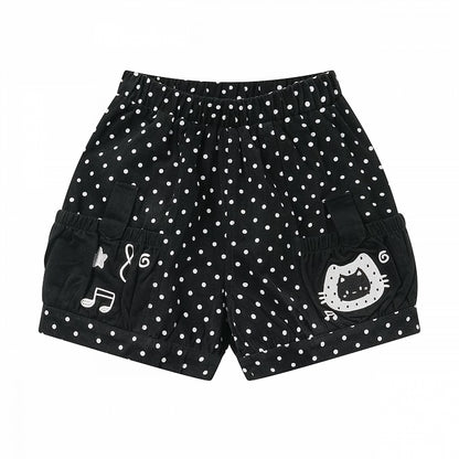Black Polka Dot Shorts with Kitty & Music Embroidery - Languid Park