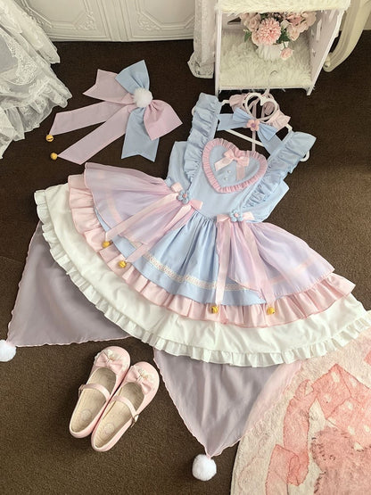 Sky Blue Layered Frill JSK with Bow and Heart Motifs - Miss Han