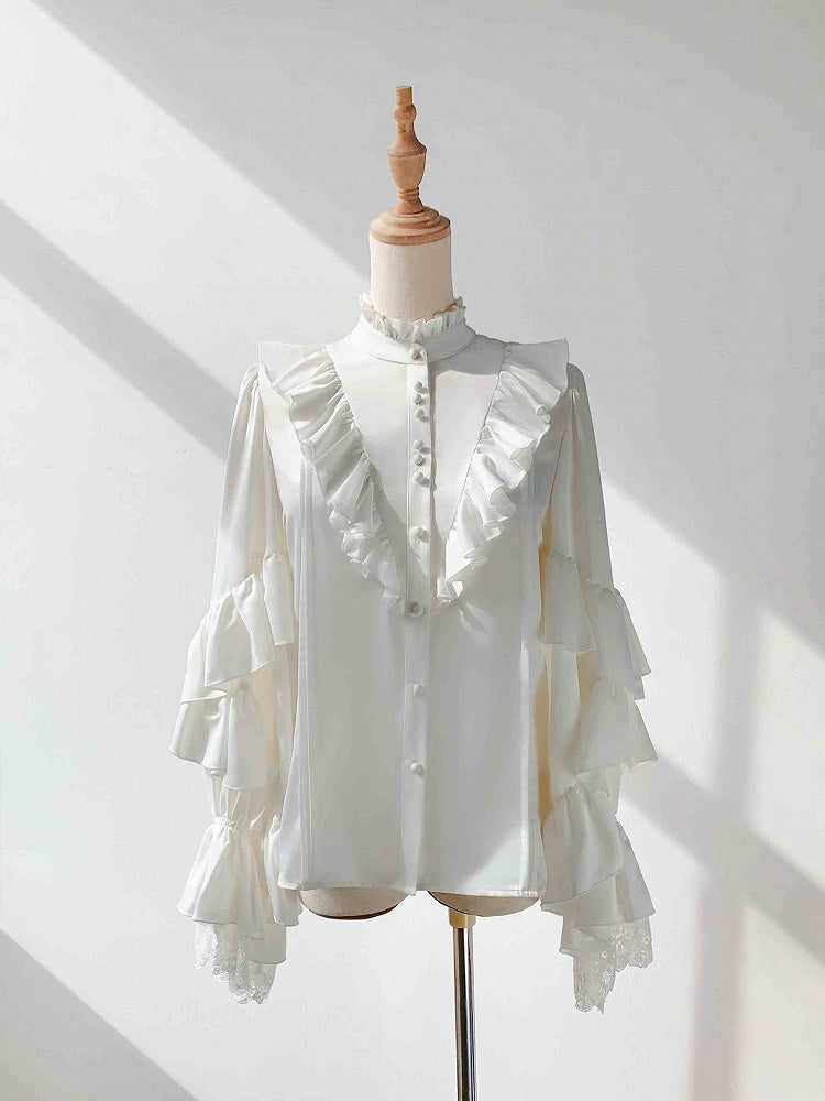 White Ruffle Neck Prince Ouji Long Sleeve Shirt - Every Page of Poetry