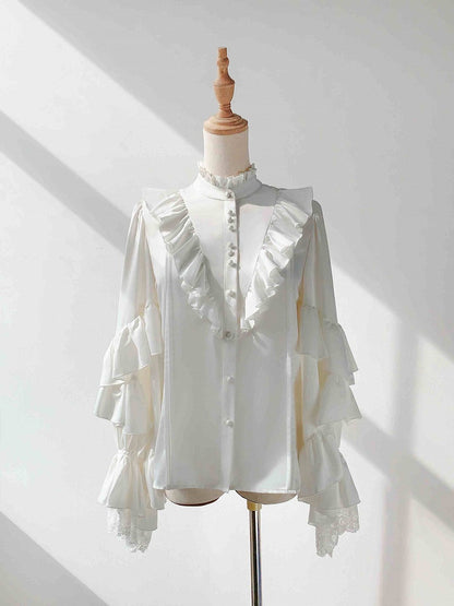 White Ruffle Neck Prince Ouji Long Sleeve Shirt - Every Page of Poetry