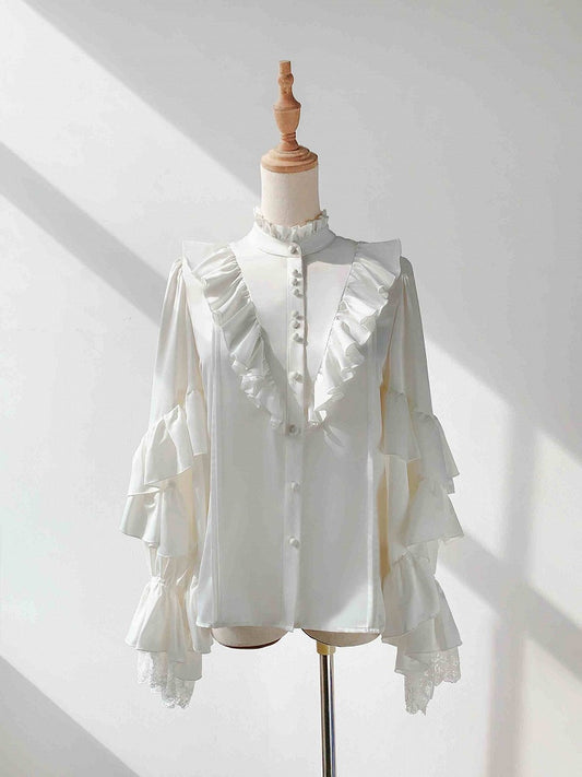 White Ruffle Neck Prince Ouji Long Sleeve Shirt - Every Page of Poetry