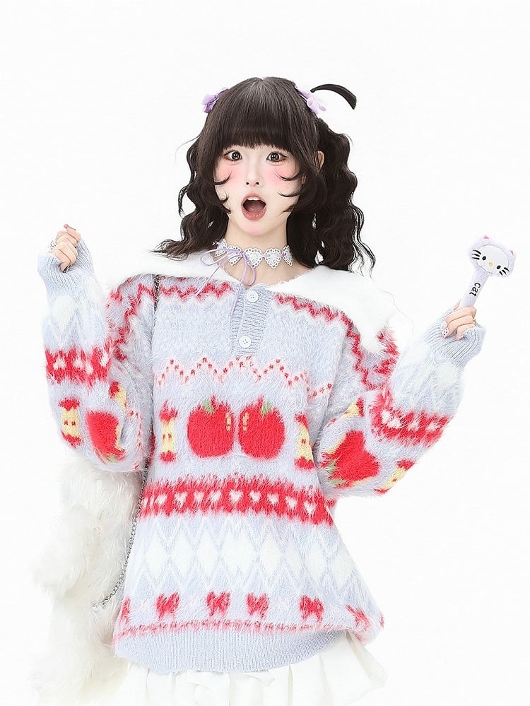 Daily Christmas Apple in Purple Bow with Pink/Light Patterns Kawaii Sweater