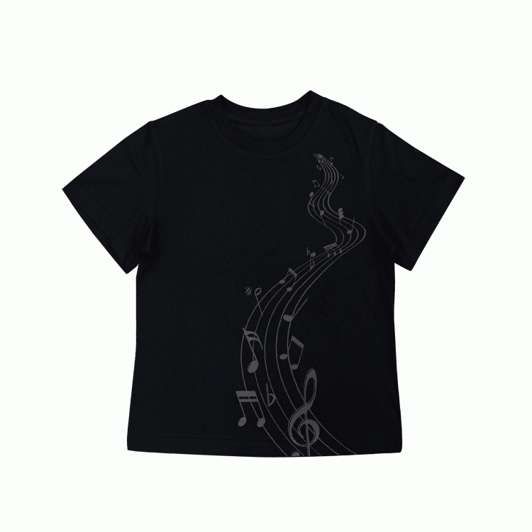 Black Round Neck Musical Note Print Cotton T-Shirt