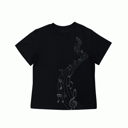 Black Round Neck Musical Note Print Cotton T-Shirt