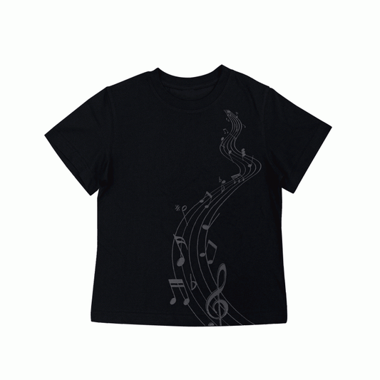 Black Round Neck Musical Note Print Cotton T-Shirt