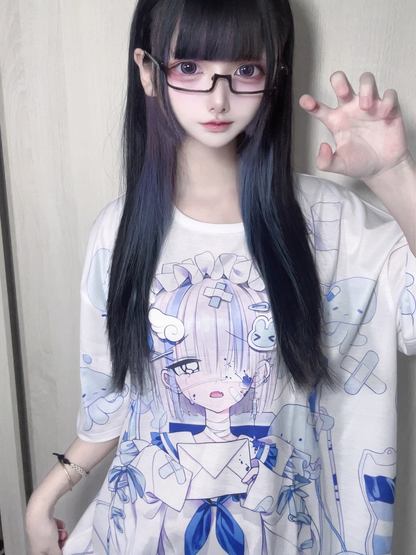 T-shirt Dark Otaku Aesthetic Black Kawaii Round Neck /White with Yami Anime Print 