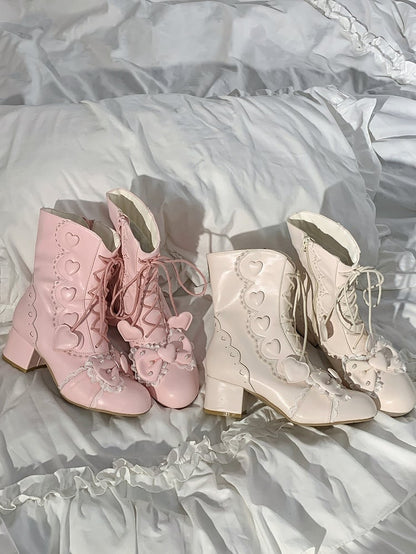 Heart Bow Hybrid Details Mid System in Block Closure Heel Boots Top Brown Beadwork Elegant Lolita PU with