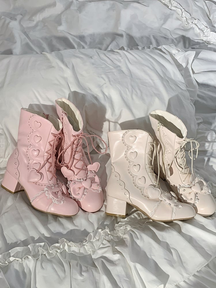 Heart Fastening Bow - Dual with PU Lolita Mid-Heel Boots Beaded Details Apricot Elegant