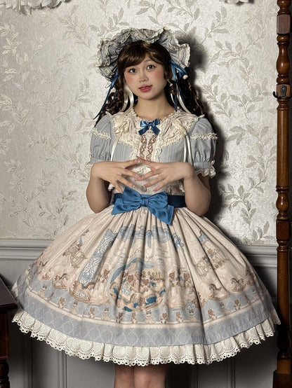 Blaues Lolita-Kleid mit Rüschen und Rundhalsausschnitt, Kätzchen- und Teddy-Print, Sweet Lolita OP