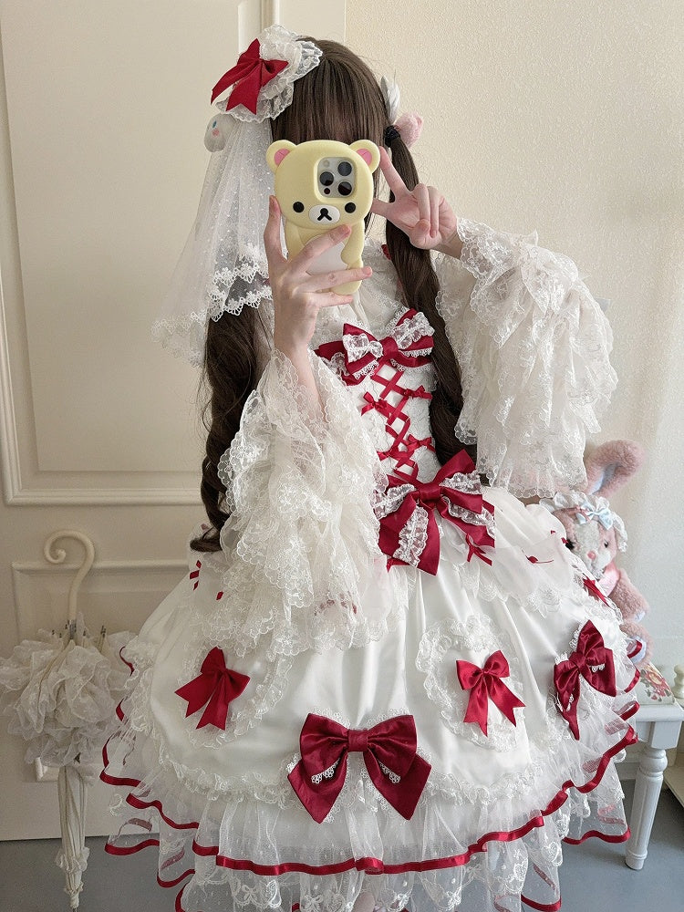 with Heart Sweet JSK / + Big Set Full Doll-Style Lace White Veil Details Red Dress Train Princess Bow Lolita
