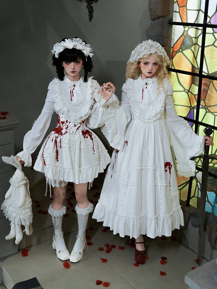 Long and Neckline Shaped Ruffles Ruffled Blood Version with Cross Lolita Embroidery Gothic Dress White