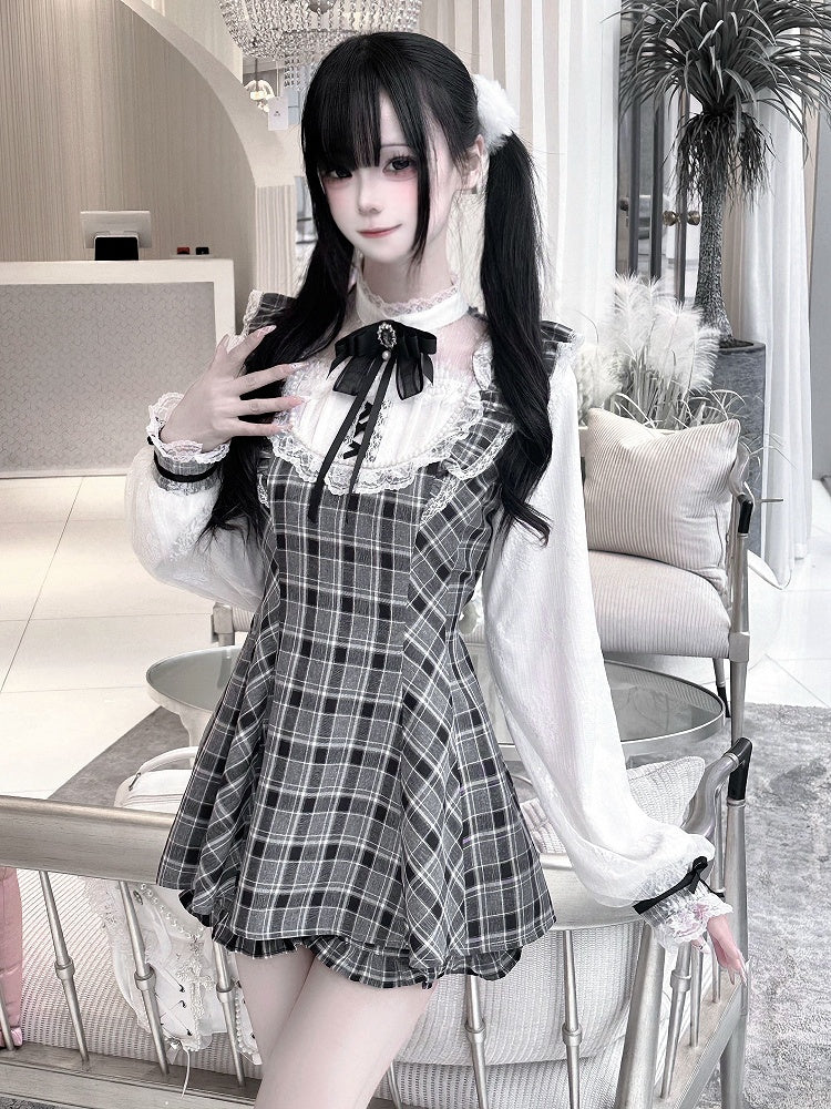 Plaid White/Gray Black Shorts Sleeves Set: with Long Illusion Neckline Top in Jirai Kei