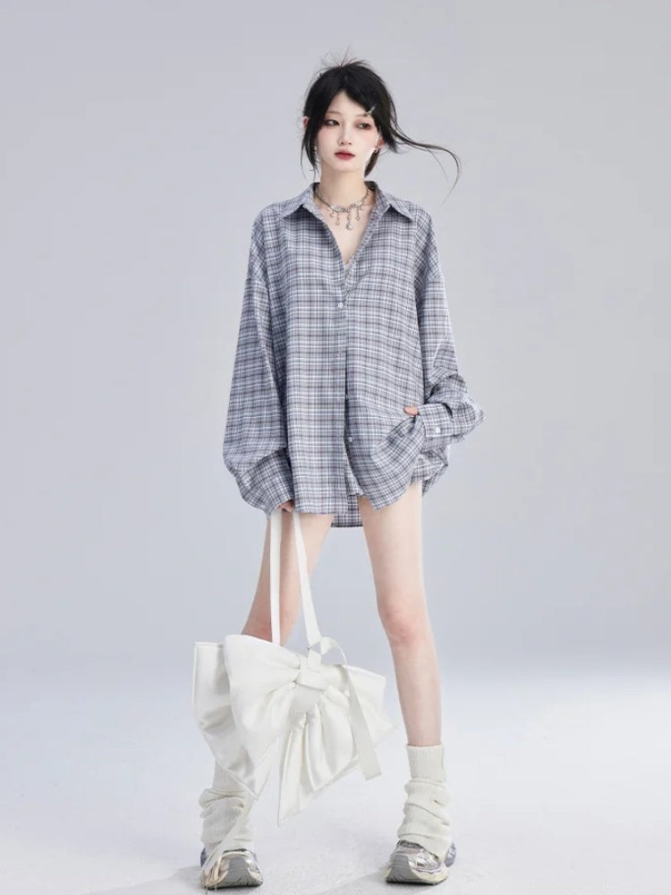 Lockeres blau-weiß kariertes Vintage-Shirt/Ballerrock