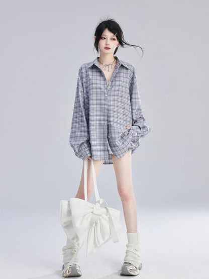 Lockeres blau-weiß kariertes Vintage-Shirt/Ballerrock