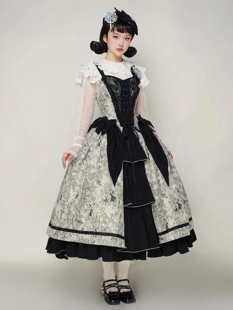 Green Forest Elegant with Print Animals Dress Lolita Bodice and Corset