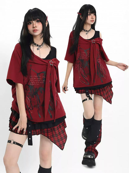 Cutout Shoulder Tee with Bow Print in Red - Catwish
