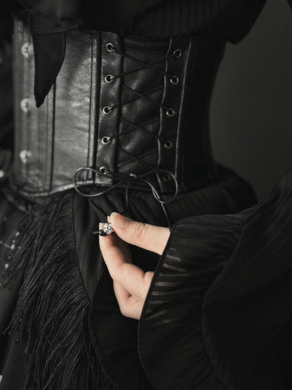 Belt Leather PU Boned Black Corset