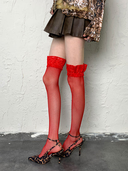 Red Lace Trim Fishnet Overknee Stockings