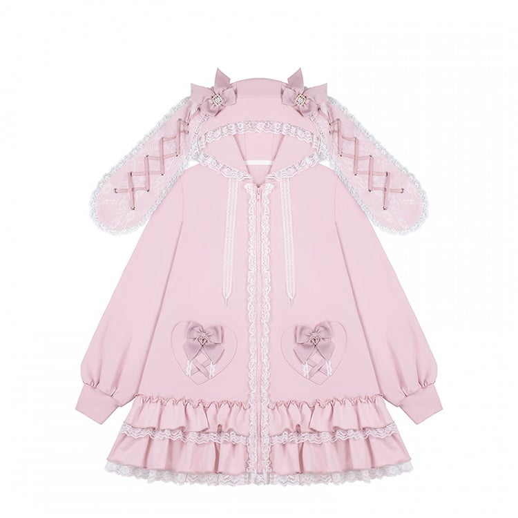 Tiered Pink Sweet | Hoodie Ruffles Kei Dress Heart Pockets Jirai Bunny-Eared