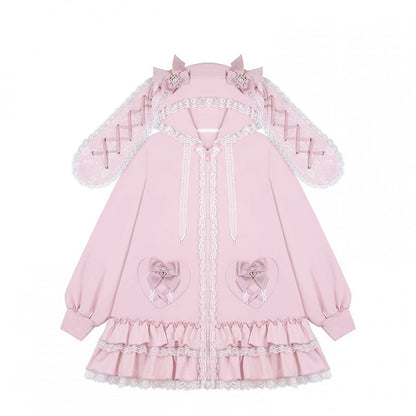 Tiered Pink Sweet | Hoodie Ruffles Kei Dress Heart Pockets Jirai Bunny-Eared
