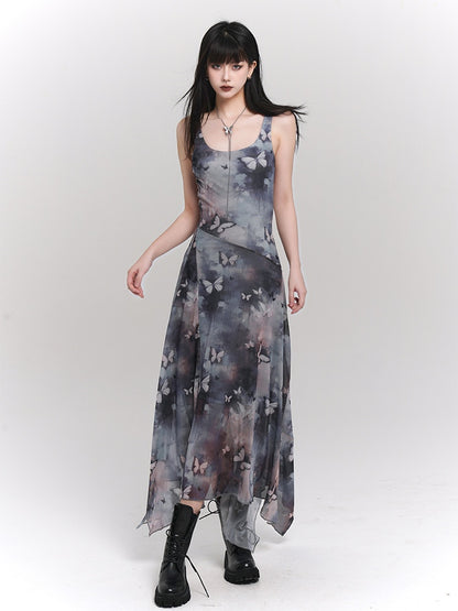 Blue & Purple Butterfly Print Asymmetrical Hem Sleeveless Dress