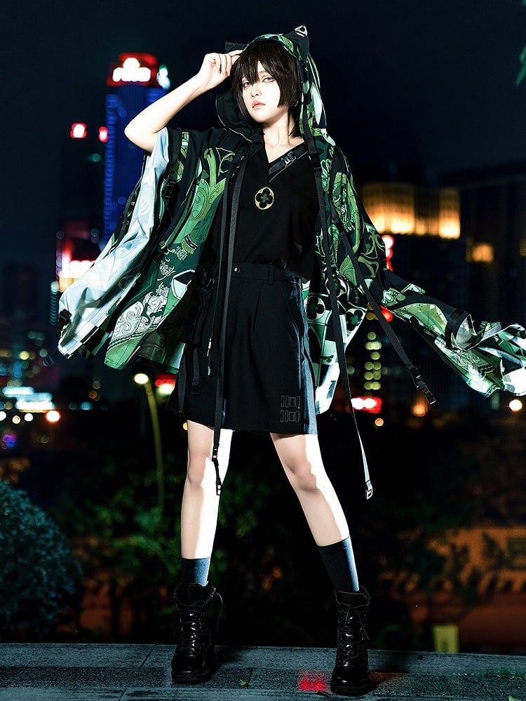 Ears Strappy Fashion Green Cyberpunk Buckle Hooded Top Details Ouji Cat Techwear