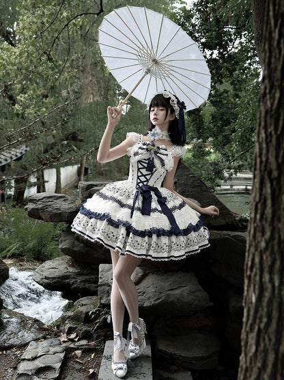 Blue and White Porcelain Corset Waist Lolita JSK Dress with Tassel Bows - Miss Han
