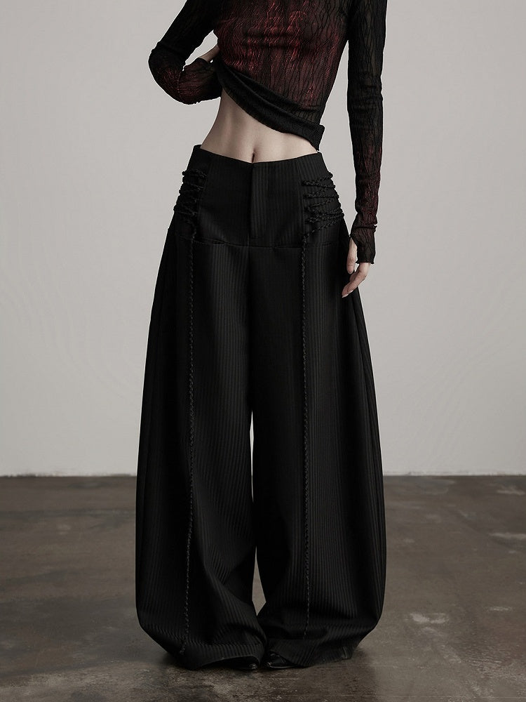 with Tie Curved Deco Pants Wide-Leg Goth Urban Black