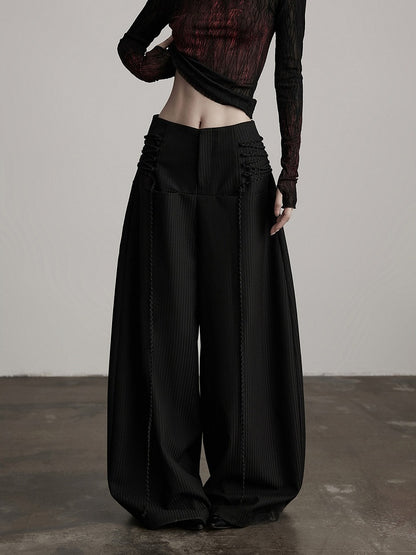 with Tie Curved Deco Pants Wide-Leg Goth Urban Black