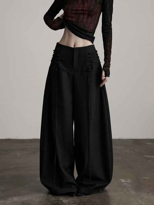 with Tie Curved Deco Pants Wide-Leg Goth Urban Black