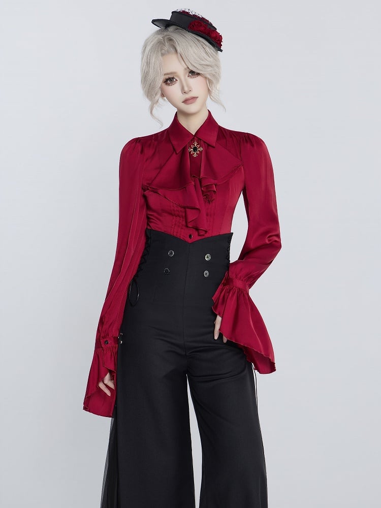 Red Pleated Shirt with Foldover Collar, Ruffle Cuffs, and Jabot Tie - DevilInspired Exclusive Collection