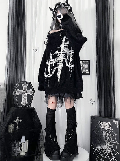 Subculture Black Print with Faux Fur Sweater One-Shoulder