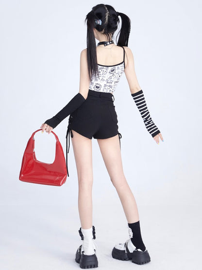 Lace-Ups Side Shorts Fly Crisscross with Button Black Summer