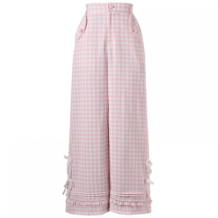 ピンクチェック柄ハイウエストレースリボンワイドレッグパンツ（レギュラー/ショート）